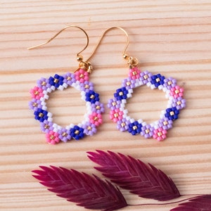 Floral Wreath Seed Bead Earrings, Hand Woven Earrings, Flower Earrings