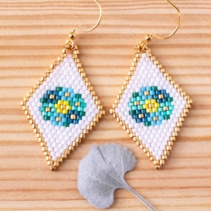 Flower Beaded Earrings, Seed Bead Earrings, Geometric Earrings, Hand Woven Earrings, Delica Earrings