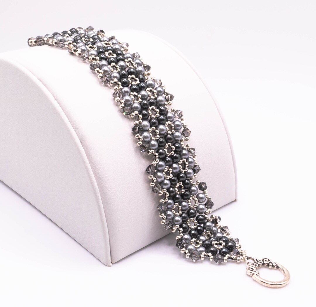 Black Bead Bracelet, Hand Woven Bead Bracelet, Swarovski Pearl Bracelet