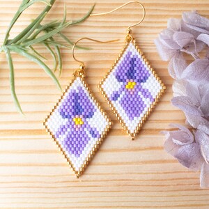Iris Earrings, Seed Bead Earrings, Bead Woven Earrings, Floral Earrings, Gift for Her