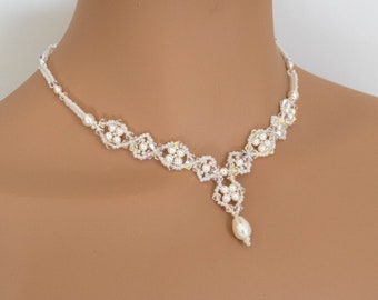 Woven Necklace White Pearls and Crystals, Pendant Necklace, Bridal Necklace