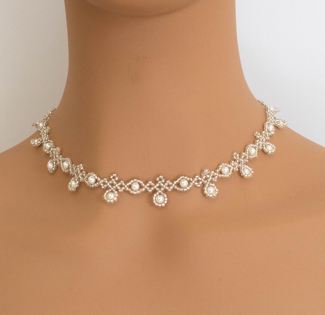 White Pearl Necklace With Silver Seed Beads, Handwoven, Bridal Necklace ...