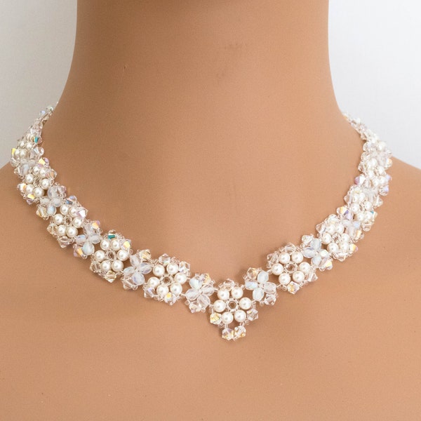 Hand Woven Pearl and Crystal Necklace, Bridal Necklace, White Bead Necklace