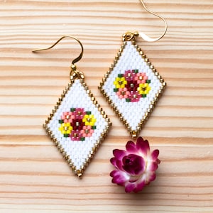 Seed Bead Earrings, Geometric Earrings, Hand Woven Earrings, Flower Earrings
