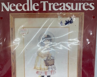 Vintage Needle Treasures Stitchery Kit: Victoria Girl with Flowers (10x14 inches)