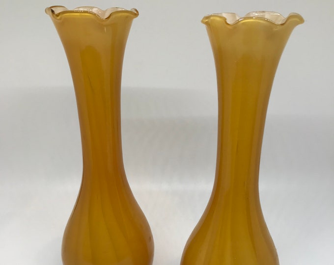 Vintage Glass Vases Pair of Fluted Edge Vases Golden Yellow Vases Amber