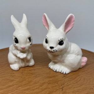 Pair of Bunny Rabbit Figurines - Ceramic - White Rabbits - Easter or Springtime Decor - Pink Ears and Tails - Glossy White - Two Bunnies