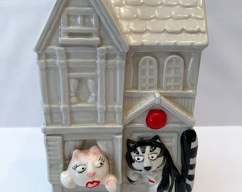 Vintage Takahashi Bank - Tom Cat - San Francisco - Hand Painted - Vintage Ceramic Bank - Ceramic House and Cats - Cat Lover Gift