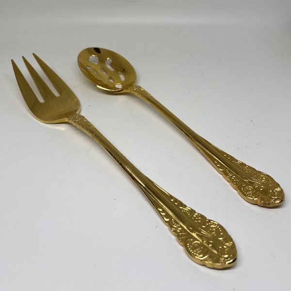 Vintage Gold Tone Serving Pieces - Stanley Roberts - Slotted Spoon - Serving Fork - Stainless Utensils - Gold Electroplate - Japan -Flatware