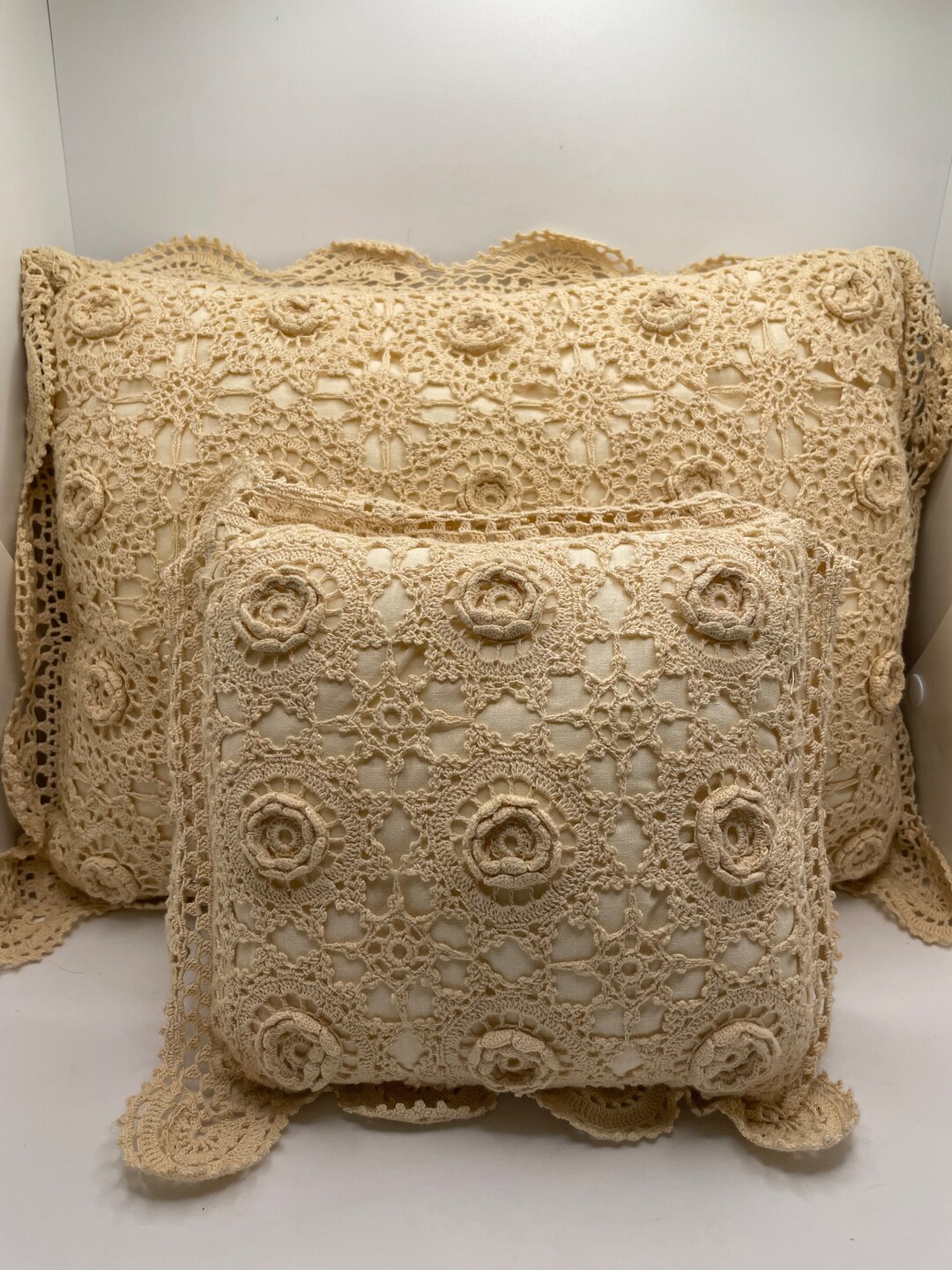Crocheted Lace Decorative Pillows Ecru Pair of Two Pillows Etsy