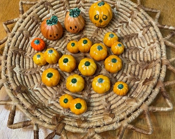 Vintage Handmade Ceramic Miniature Pumpkins: Fall Decor, Set of 16