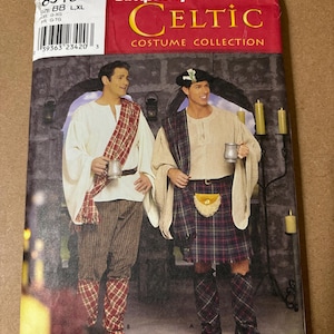 May include: A Simplicity 8913 Celtic Costume Collection sewing pattern envelope featuring two outfits. One includes a white shirt, plaid sash, and striped pants. The other includes a cream shirt, plaid kilt with a sporran, and plaid leg wraps.