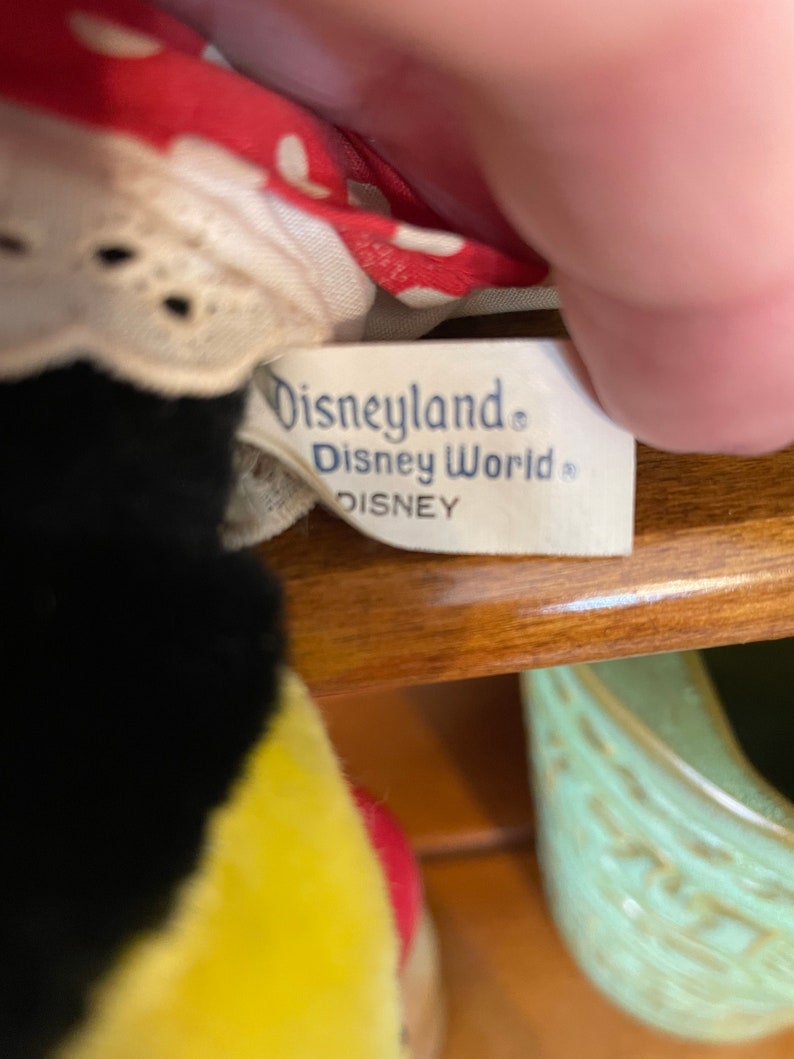 Pu&ograve; includere: Primo piano di un'etichetta bianca con testo blu che recita "Disneyland. Disney World. DISNEY". L'etichetta &egrave; attaccata a un tessuto a pois rosso e bianco con un bordo di pizzo bianco.