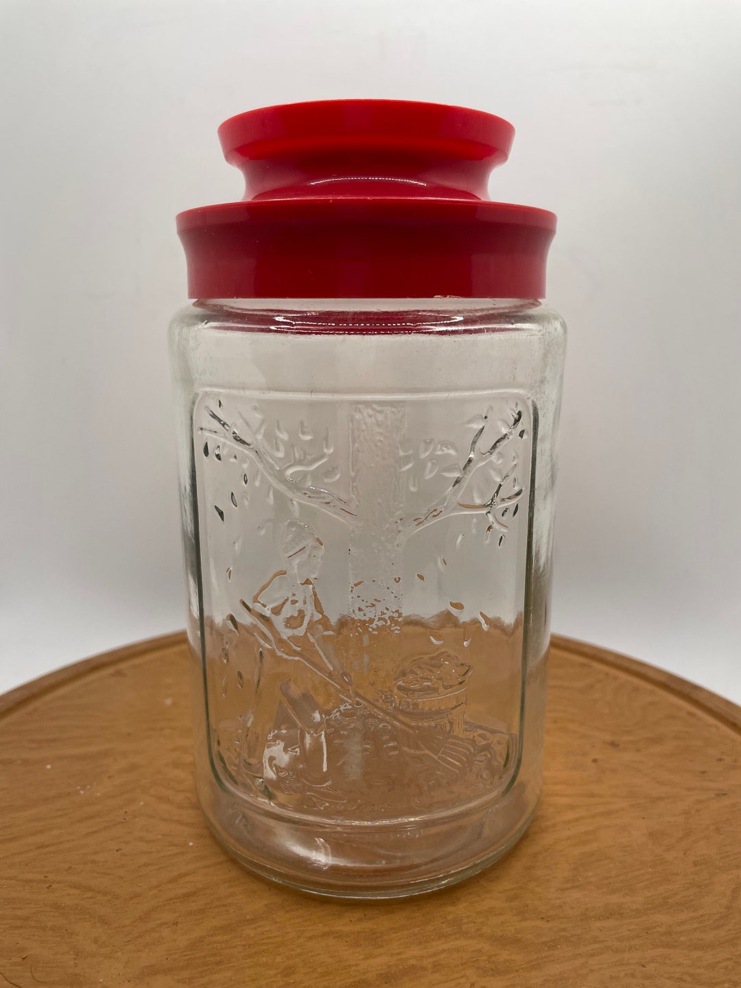 Vintage Anchor Hocking Glass Jar Autumn Scene Girl Raking Leaves Red