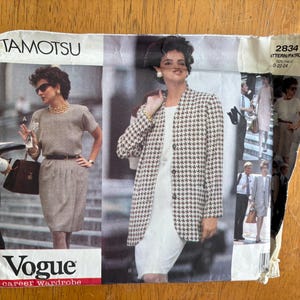 May include: Vintage Vogue career wardrobe sewing pattern. The pattern features a woman in a houndstooth blazer and a woman in a dress. The pattern is labeled "TAMOTSU" and "2834". The Vogue logo is visible.
