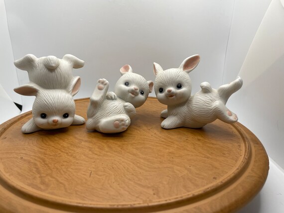 Homco Ceramic Bunny Figurines: Playful Tumbling Rabbits, Set of 3