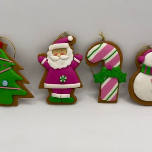 4 Christmas Ornaments - Pink and Green Christmas Colors - Santa Claus - Christmas Tree - Snow Man - Candy Cane - Set of 4 Gingerbread Like