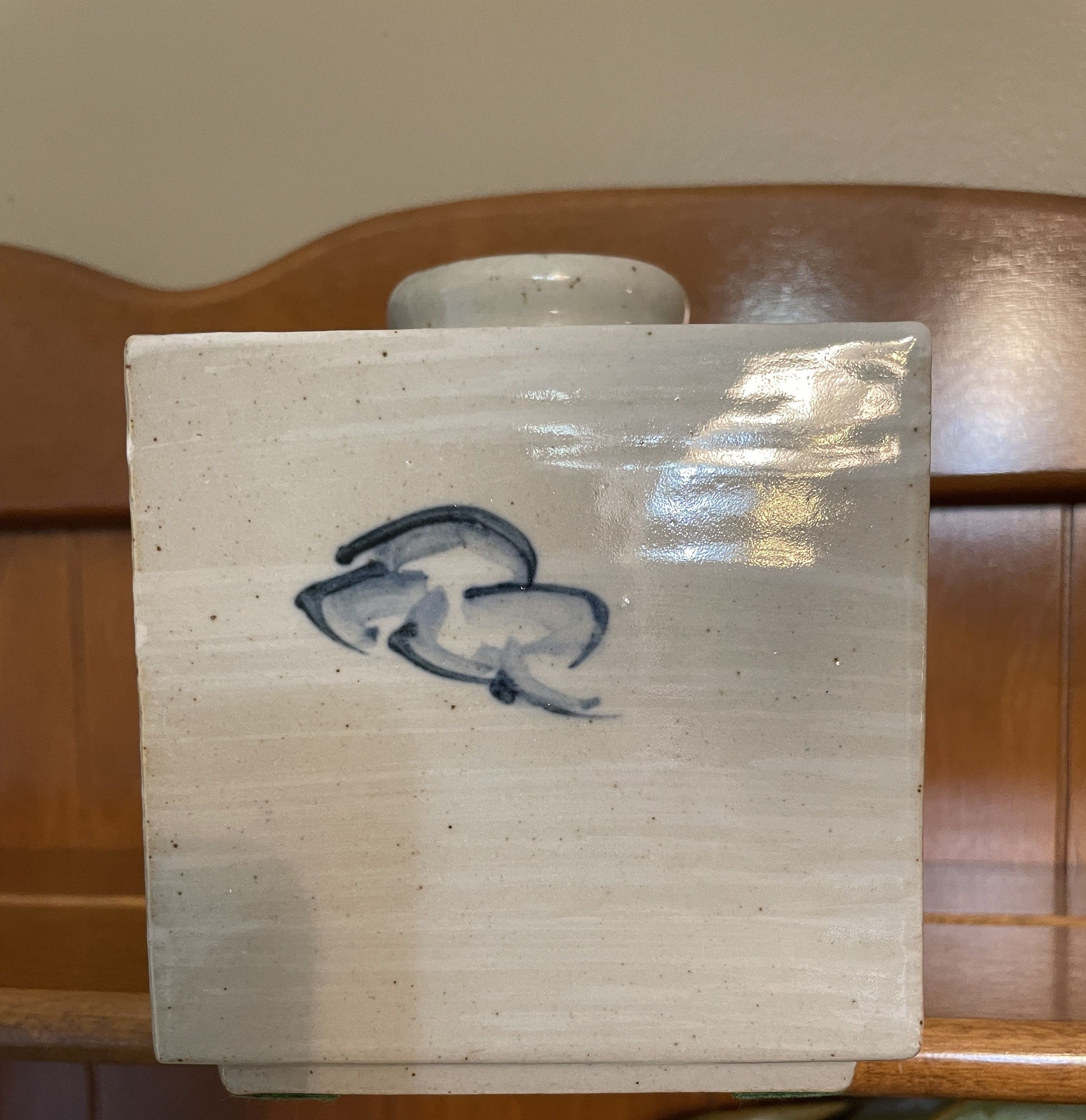 Japanese Stoneware Floral Vase: Rectangular Cream & Blue Pottery