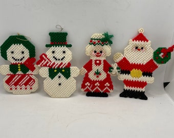 4 Handmade Christmas Ornaments - Mr. and Mrs. Santa Claus and Snowmen - Plastic Canvas Ornaments -Well Made and Adorable Hand Stitched Decor