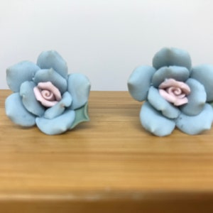 Vintage Floral Clip on Earrings - Blue Flowers - Pink Center - Green Leaf -Mid Century Jewelry - Flower Earrings - Costume Jewelry - Fashion