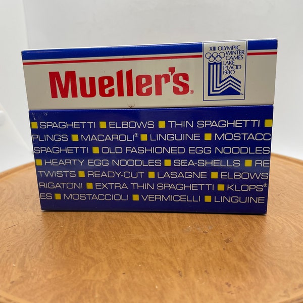 Vintage Mueller's Recipes Metal Box - Commemorates XIII Olympic Winter Games Lake Placid 1980 - Blue - White - Red - Divider Tabs - Pastas