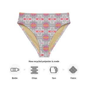 May include: A high-waisted swimsuit with a geometric pattern in shades of pink, orange, and grey. The swimsuit is made from recycled polyester, which is made from plastic bottles.