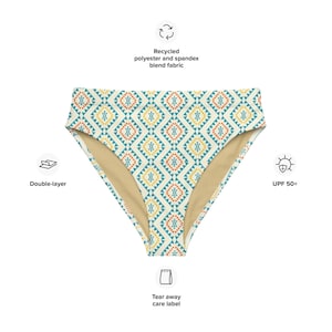 May include: High-waisted bikini bottom with a geometric pattern in shades of teal, yellow, and orange. The fabric is made from recycled polyester and spandex and has a double-layer lining. The bikini bottom also features a tear-away care label and UPF 50+ sun protection.