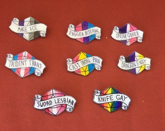Weapon pride pins! Knife Gay, Sword Lesbian, Spear Queer! Dnd pathfinder geeky nerdy gamer gaming ttrpg tabletop rpg roleplaying 5e