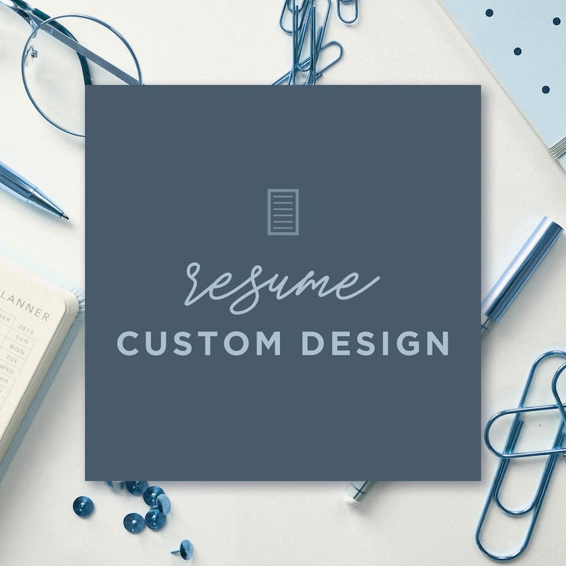May include: A blue square with a white outline of a document icon and the text "resume CUSTOM DESIGN" in white.