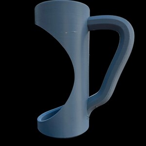 May include: A blue mug with a unique, modern design. The mug features a cylindrical top, a curved handle, and a flared base. The handle is integrated into the body of the mug, creating a seamless look. The mug is made of a solid material.
