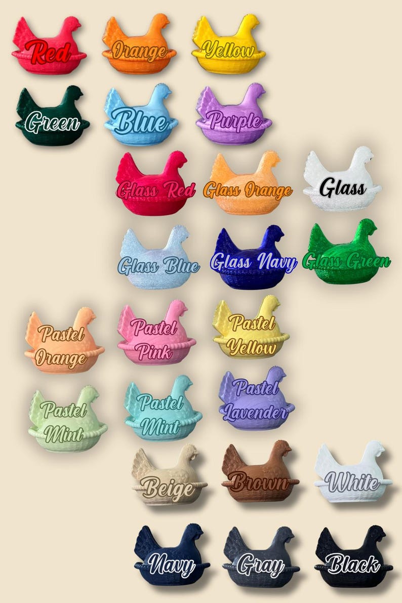 May include: A selection of hen-shaped ornaments in a variety of colours, such as red, orange, yellow, green, blue, and purple. Each hen is labelled with its colour name. Additional colours include glass, pastel, beige, brown, white, navy, grey, and black.