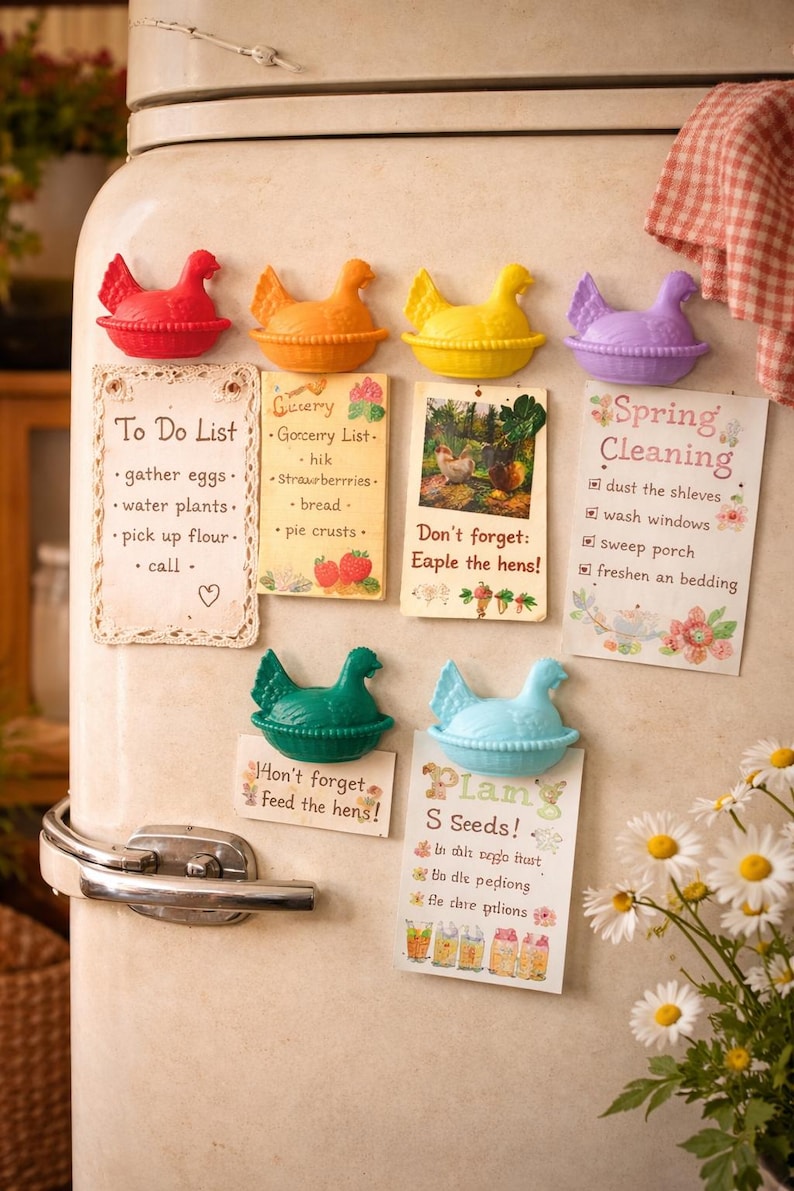 May include: A selection of fridge magnets shaped like chickens in red, orange, yellow, and purple. The magnets are holding notes with reminders, including a to-do list, a grocery list, and spring cleaning tasks.