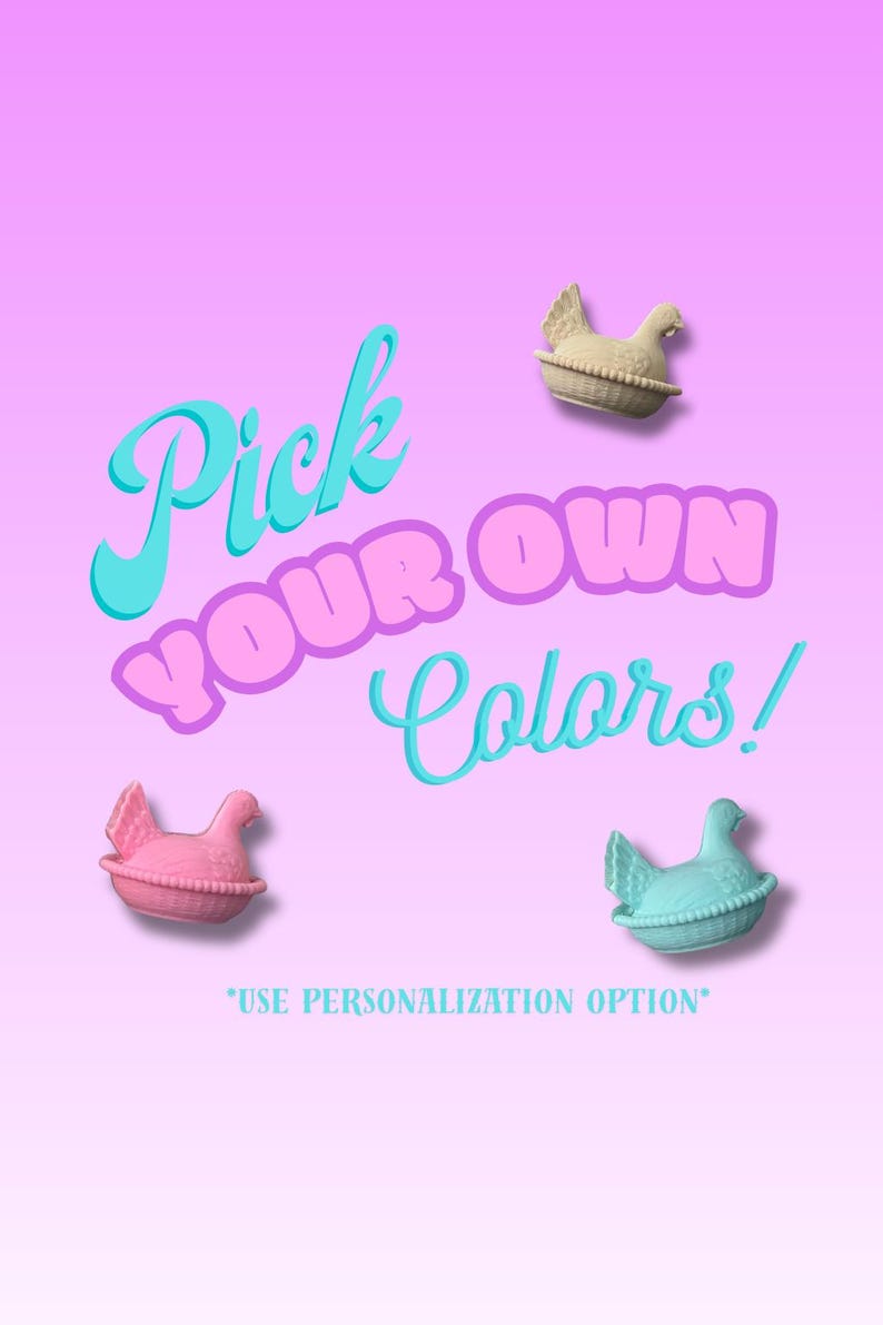 May include: Image shows three hen figurines in pink, blue, and beige, set against a gradient pink and purple background. Text reads "Pick YOUR OWN Colors!" with a note to use the personalization option.