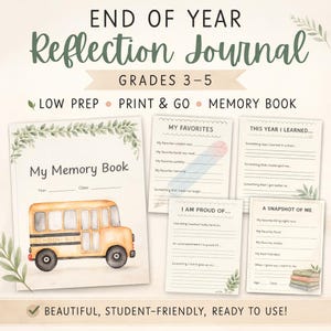 Puede incluir: Un diario de reflexión de fin de curso para los grados 3-5, con una ilustración de un autobús escolar amarillo. Incluye páginas para favoritos, logros y recuerdos. Texto: "My Memory Book" y "Print & Go".