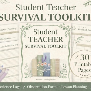Puede incluir: Un conjunto de páginas imprimibles para estudiantes de magisterio. La imagen presenta un diseño de libro central con el texto "Student Teacher Survival Toolkit". Otras páginas incluyen "Differentiation Planning" y "Weekly Reflection Log". La imagen también incluye lápices de colores y el texto "30 Printable Pages."