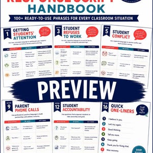 Puede incluir: El Teacher Response Script Handbook contiene 16 secciones y más de 100 frases para situaciones en el aula. Incluye tablas sobre atención, negativa al trabajo, conflictos, llamadas a padres y responsabilidad. Texto impreso: No Prep Print & Use y Groves Learning Studio.