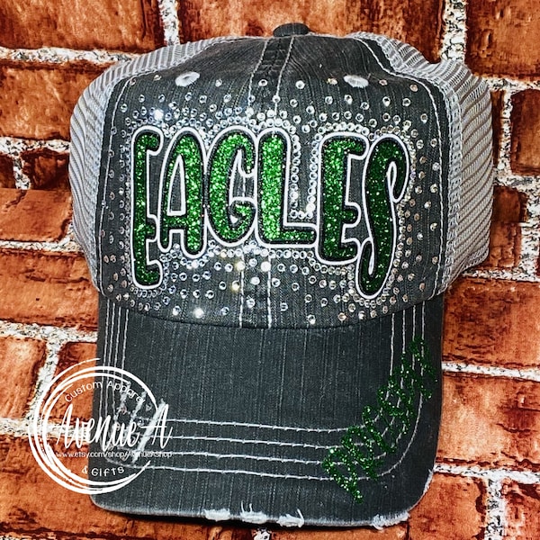 School mascot,  rhinestone trucker mesh hat. Bling. Spiritwear