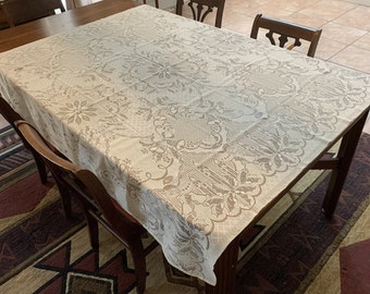Annual Holiday SALE ***NOW 10.00, Was 15.00, Then 12.00*****7527 T Ivory Lace Christmas Tablecloth, Wreathes, Poinsettias, Bells, 60 x 60