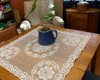 Toalha de mesa pequena, creme, floral, com renda, 8383 T