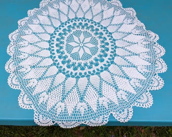 Vintage White Crocheted Lace Tabletop, 34 inch Round Table Cover, 8308 T
