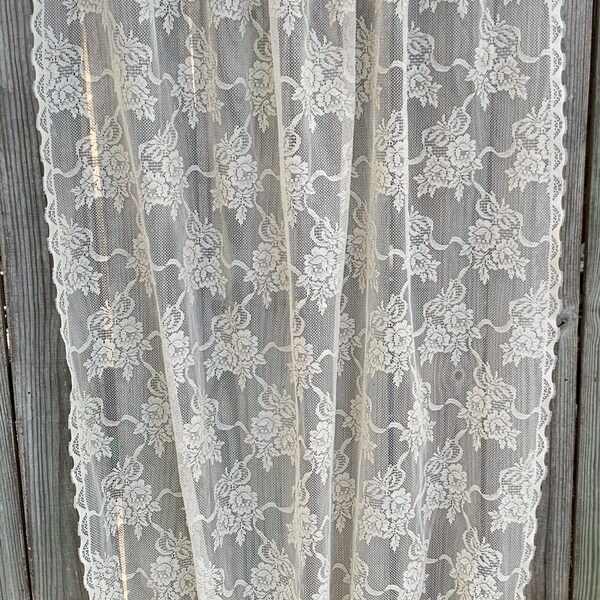 2858 C Double Rod Gathered Ivory Floral Lace Curtain, 21 x 70