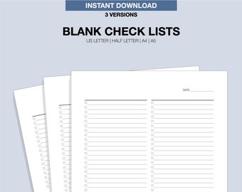Blank Checklist Template Printable, A4/A5/Letter/Half, Instant Download PDF