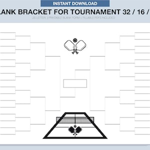 May include: A printable blank bracket for a 32, 16, or 8 team tournament. The bracket is designed for a pickleball tournament and features a black and white illustration of two pickleball paddles and a ball at the top of the bracket and a pickleball court at the bottom.