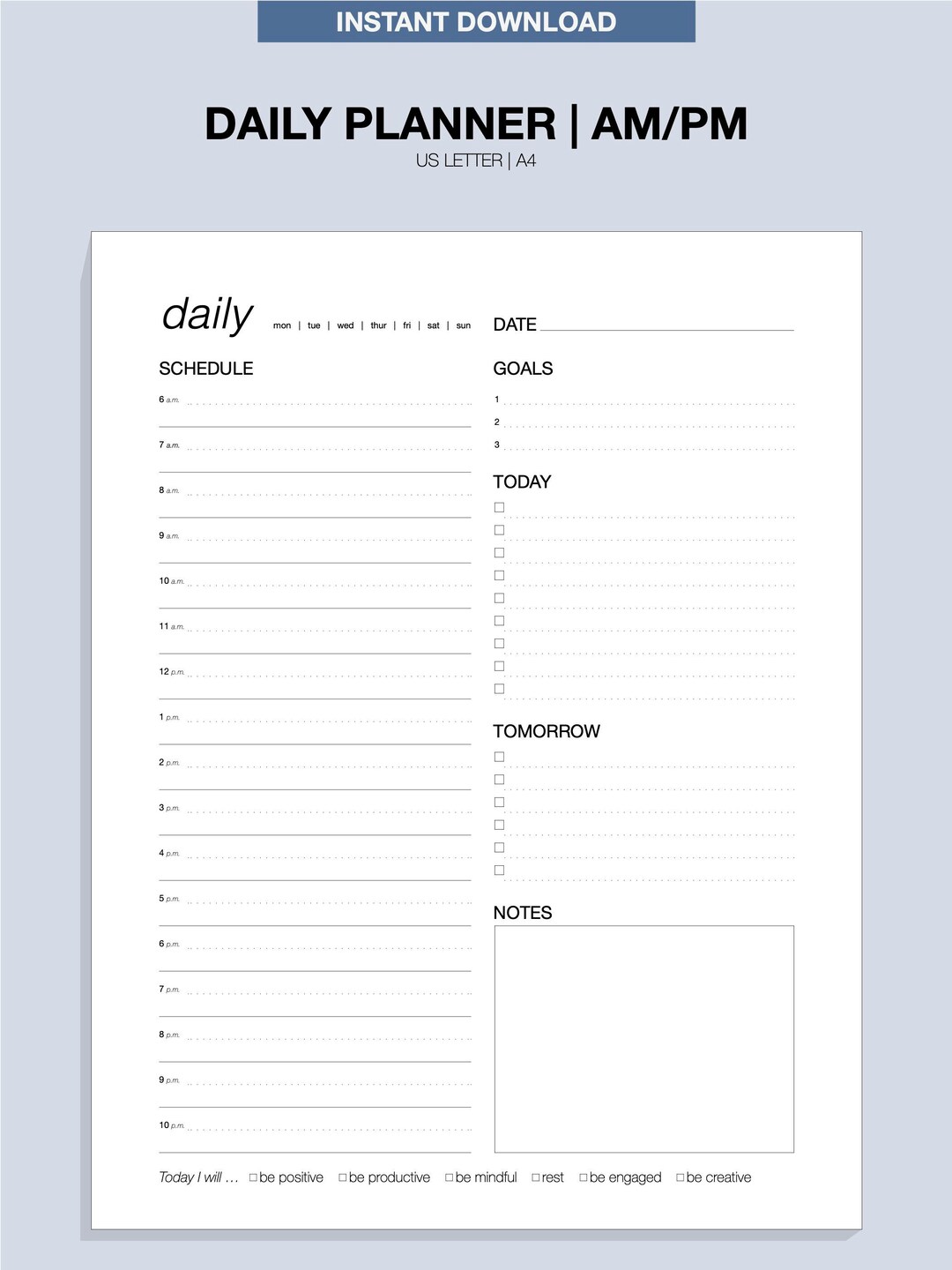 Daily Planner Printable With AM/PM Time, US Letter and A4, Minimalist ...