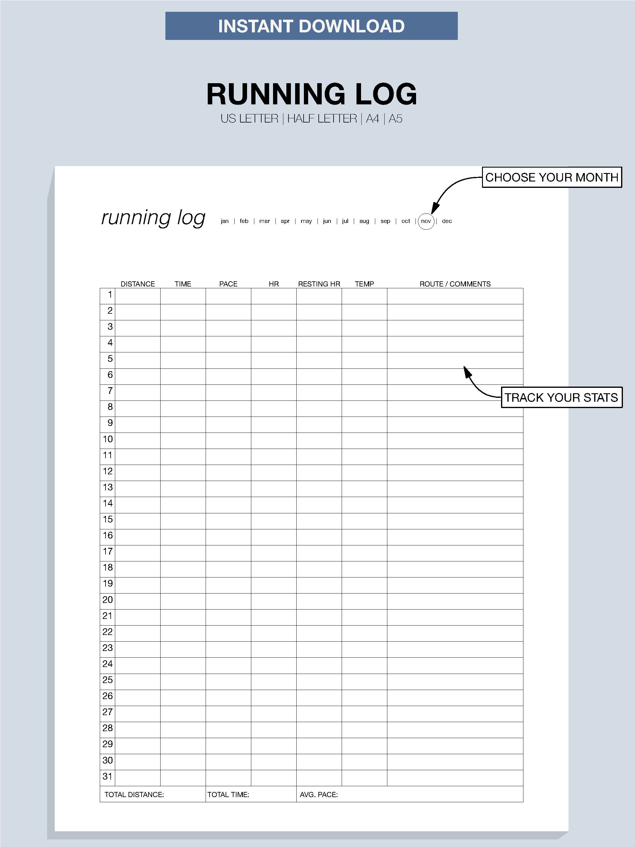 Printable Running Log - US Letter, A4, A5 - Etsy