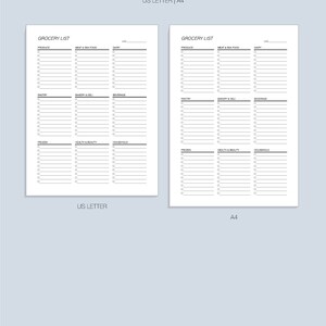 May include: Printable grocery list template in US Letter and A4 sizes. The template is divided into categories like produce, meat & seafood, dairy, pantry, bakery & deli, beverage, frozen, health & beauty, and household. Each category has a checklist with blank lines for writing items.