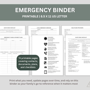 May include: A printable emergency binder with 74 pages, including checklists, contacts, and plans. The binder is designed for A4 paper size. The text on the binder reads "Emergency Binder".