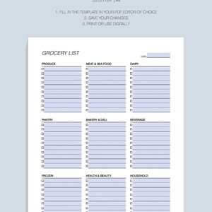 May include: A printable grocery list template with checkboxes for different categories, including produce, meat & sea food, dairy, pantry, bakery & deli, beverage, frozen, health & beauty, and household. The template is designed for use in a PDF editor and can be printed or used digitally.