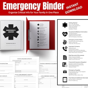 Może przedstawiać: Biały segregator awaryjny z czarnym symbolem medycznym i napisem "Emergency Binder" na okładce. Otwarty segregator ujawnia uporządkowane strony z nagłówkami takimi jak "Household & Medical Information" i "Emergency Action Plans."