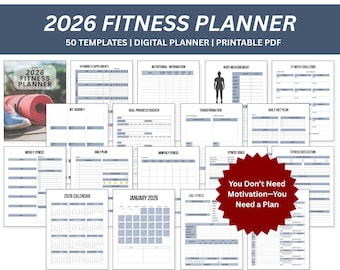 Workout Planner PDF – 50-Page Digital Fitness & Exercise Journal (Printable)